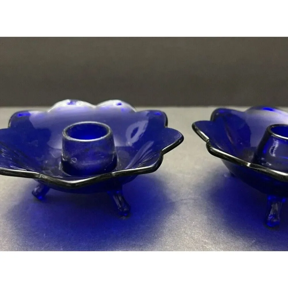 Vintage Fenton Cobalt Blue Glass Lotus Footed Candlestick Holders – Set of 2